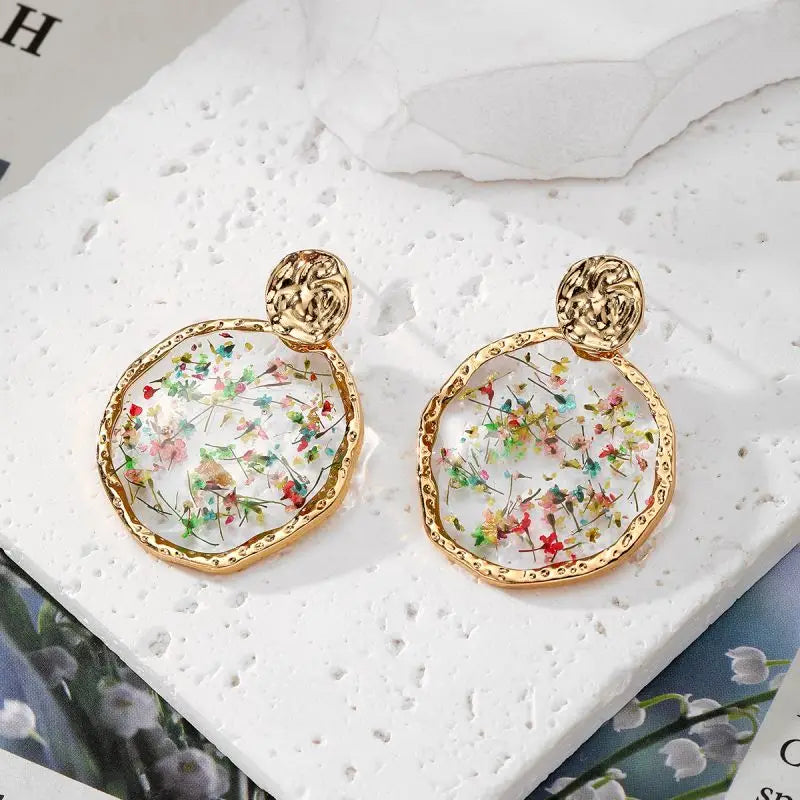 Colorful Dried Flower Earring Unique Epoxy Resin Pressed Flower Earring Women Natural Floral Geometric Boho Earring Wholesale