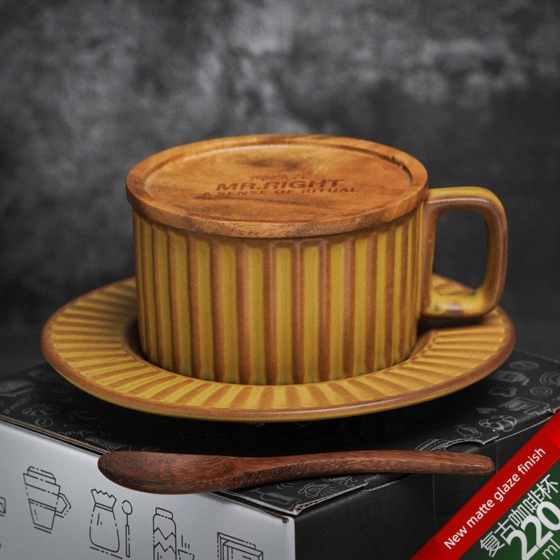 Retro European-Style Glazed Ceramic Coffee Cup Cappuccino Latte Fancy Coffee Pull Flower Cup and Saucer Suit 220ml