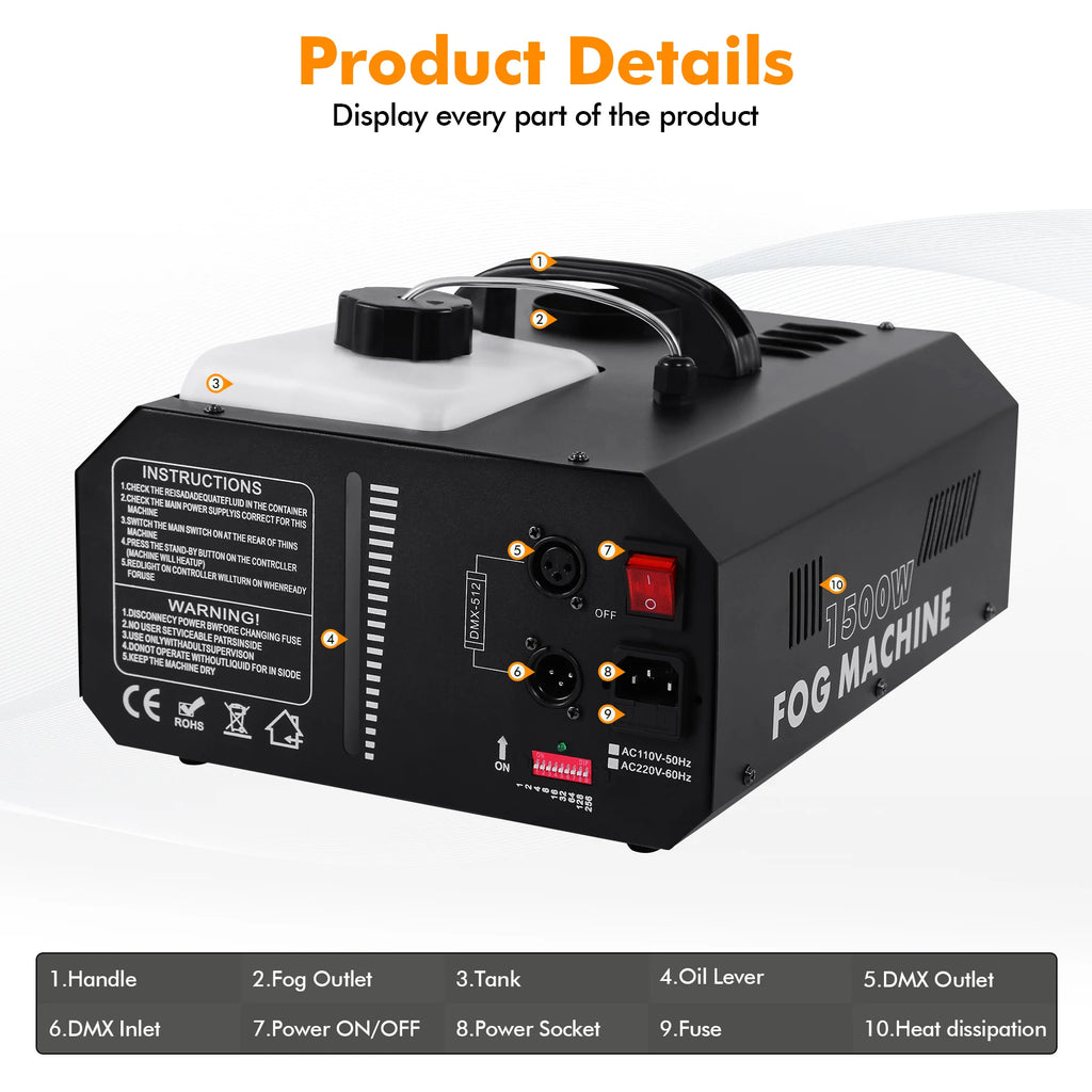 1500W DMX Low Fog Smoke Machine Fogger Up DJ Party Remote controller DMX controller 220V Stage Lighting 1/2pcs