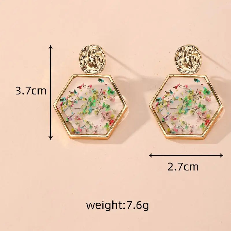 Colorful Dried Flower Earring Unique Epoxy Resin Pressed Flower Earring Women Natural Floral Geometric Boho Earring Wholesale