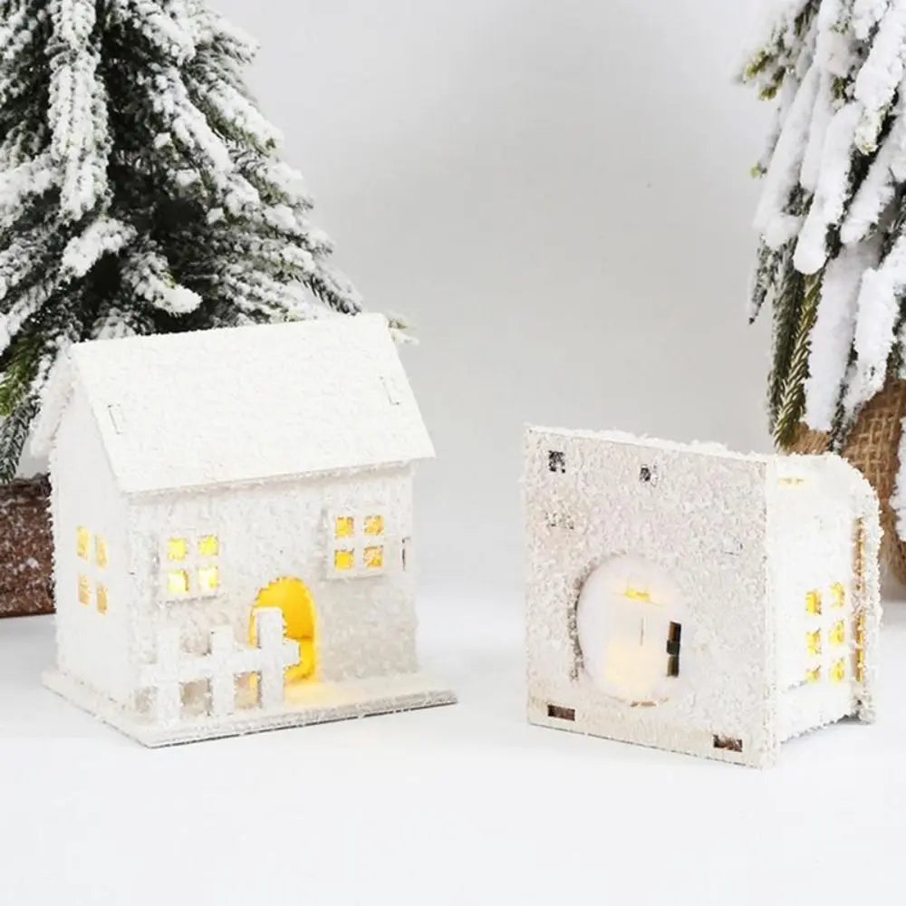 Mini Christmas LED Light Wooden House Kids Gift with Snowflake White Glowing Castle Luminous Christmas Tree