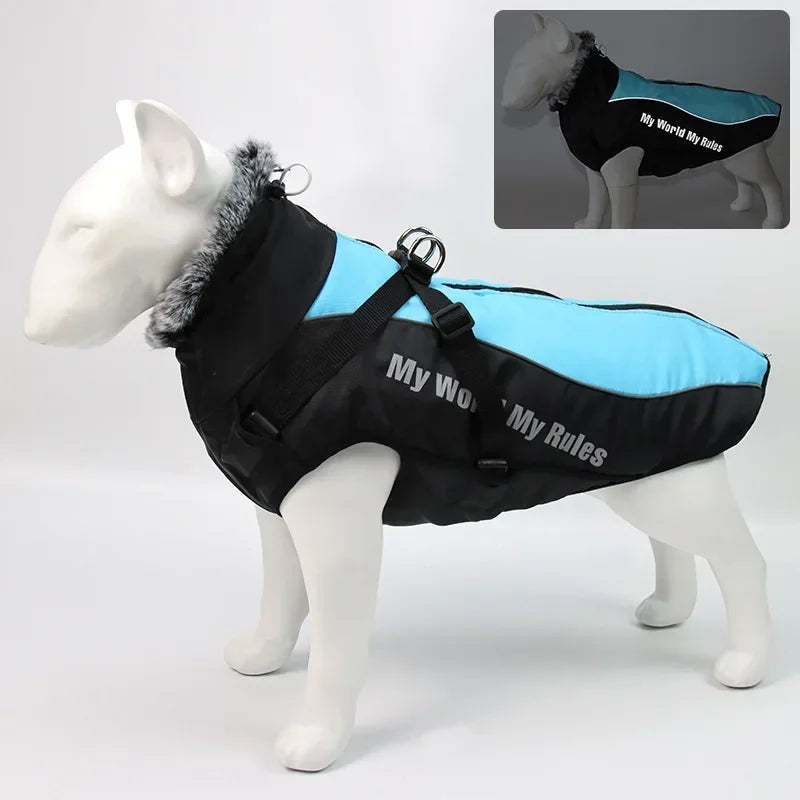 Waterproof Large Dog Clothes Winter Dog Coat With Harness Furry Collar Warm Pet Clothing Big Dog Jacket Labrador Bulldog Costume