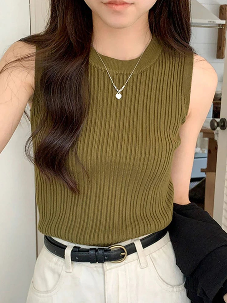 AOSSVIAO 2024 Korea Knitted Vests Women Top O-neck Solid Tank Blusas Y2K Summer New Fashion Female Sleeveless Casual Thin Tops