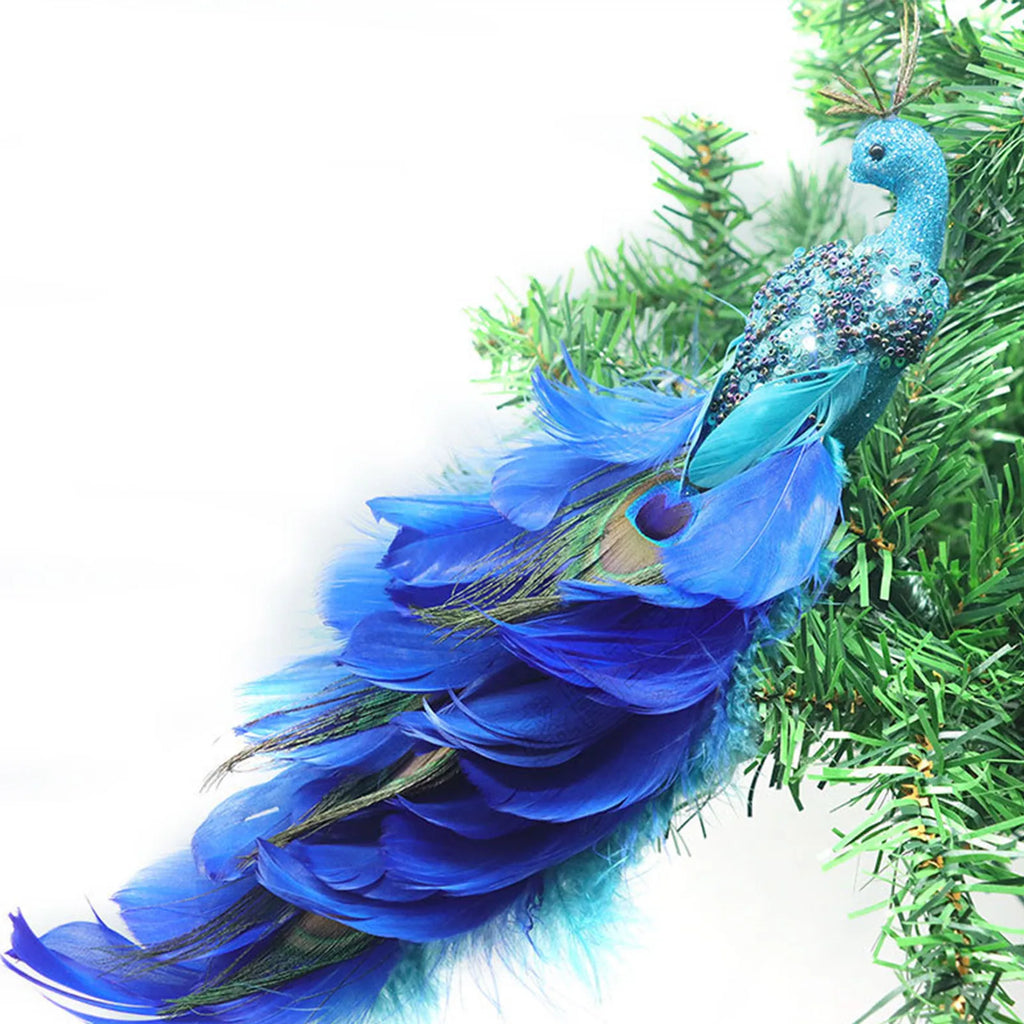 Christmas Decorations Faux Glitter Blue Peacock Ornaments With Tail Feather For Christmas Tree Decorations Garden Decor Yard