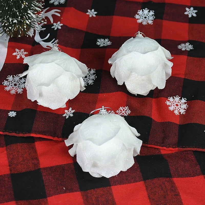 3pcs/Box Christmas Tree Ornaments White Glitter Petal Shape Balls Foam Snow Ball Christmas Pendants New Year Home Hanging Decor