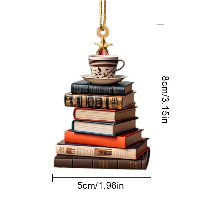 Creative 3D Bookshelf Christmas Pendant Acrylic Flat Printing Book Dogs Drop Xmas Tree Window Hanging Decor New Year Gifts