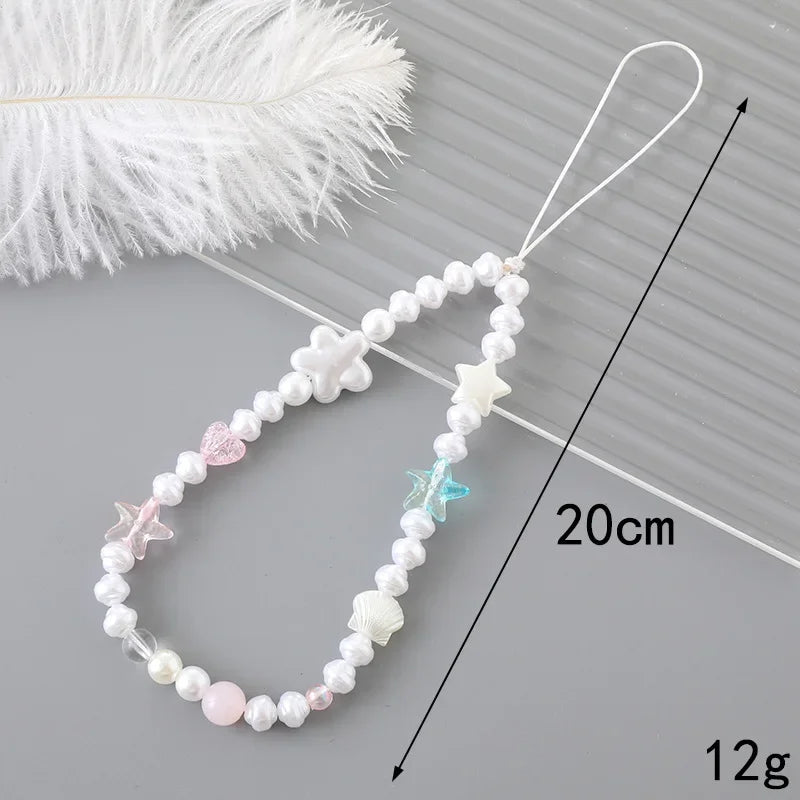 Sweet Five Pointed Star Non Slip Phone Case Rope Accessories Fashion Pearl Love Bow Beaded Phone Chain Lanyard Jewelry for Women