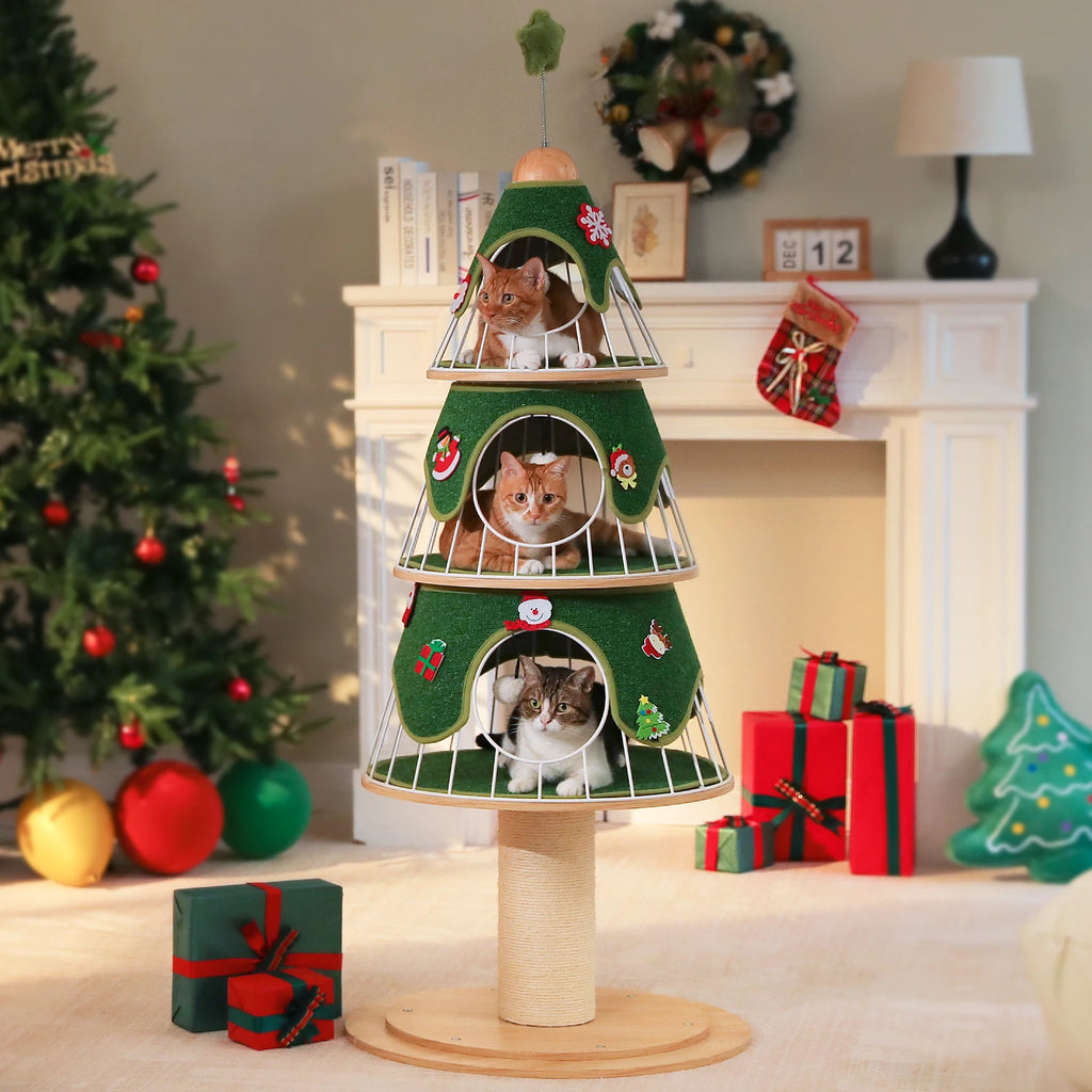 Cat Christmas Tree Modern Cat Tree with Thick Scratch Post Wood Cat Tower 3 Condos-Heavy Duty Cat Furniture Replaceable Mat