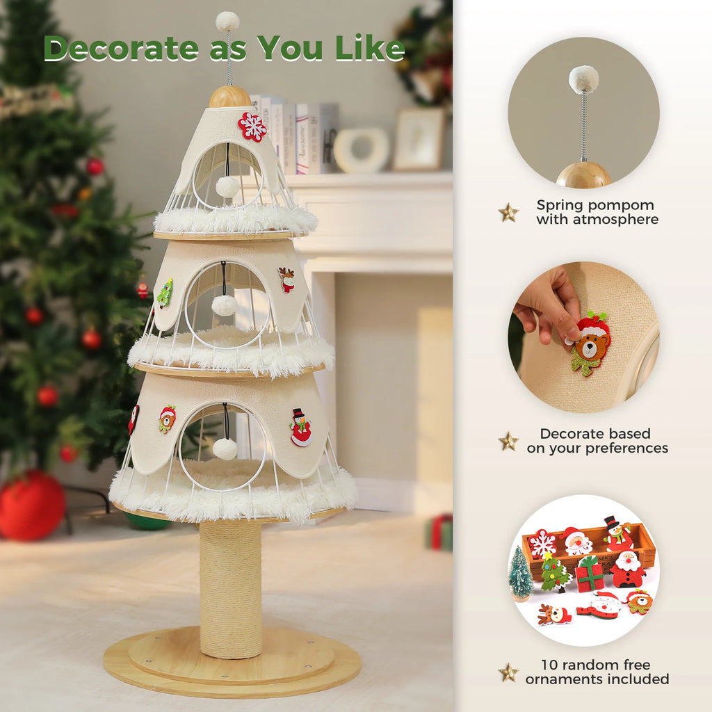 Cat Christmas Tree Modern Cat Tree with Thick Scratch Post Wood Cat Tower 3 Condos-Heavy Duty Cat Furniture Replaceable Mat