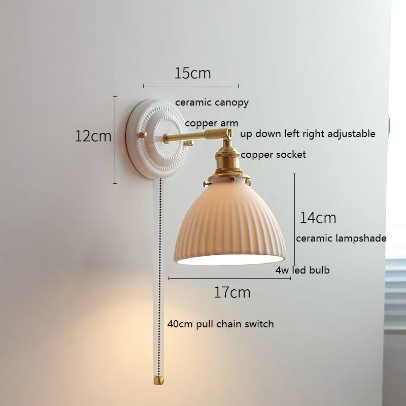 IWHD Nordic Modern Ceramic LED Wall Lamp Sconce Pull Chain Switch Beside Bedroom Bathroom Mirror Stair Light Applique Murale