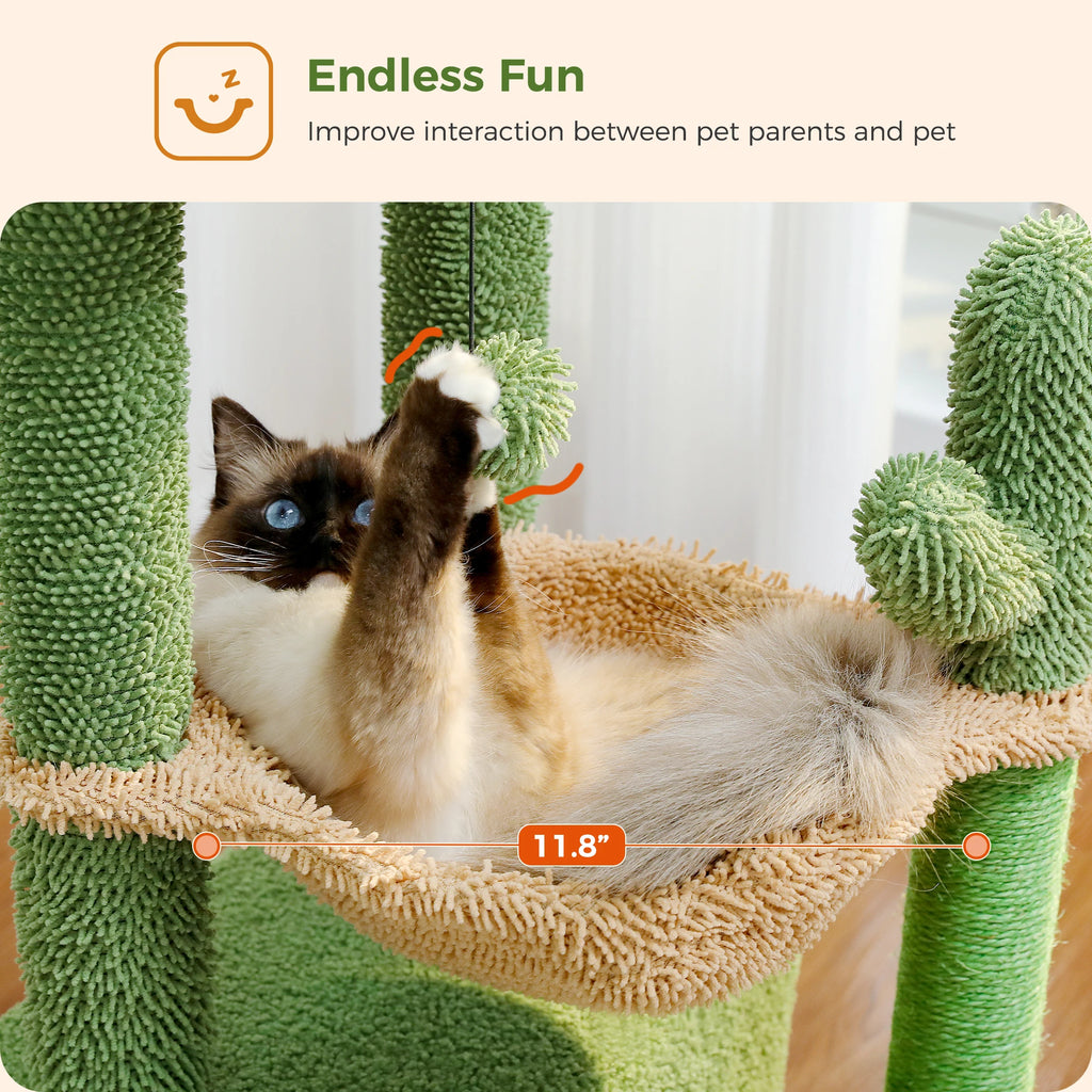 Cactus Cat Tree Cat Tower for Indoor Cats with Large Cat Condo Cat Scratching Post for Cats with Deep Hammock Cozy Top Perch