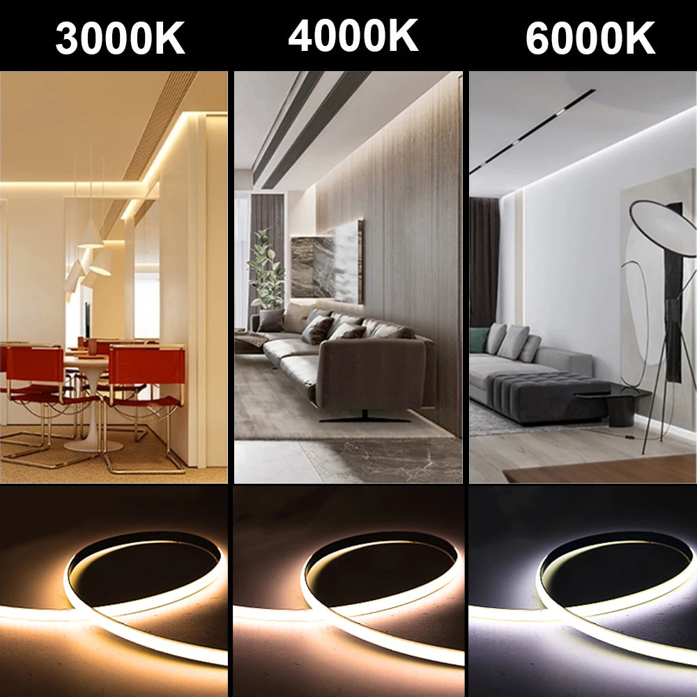 5mm COB LED Strip 384LEDs/M High Density Flexible FOB DC12V/24V Light Bar Warm Cold White 3000K 4000K 6000K for Decor Lighting