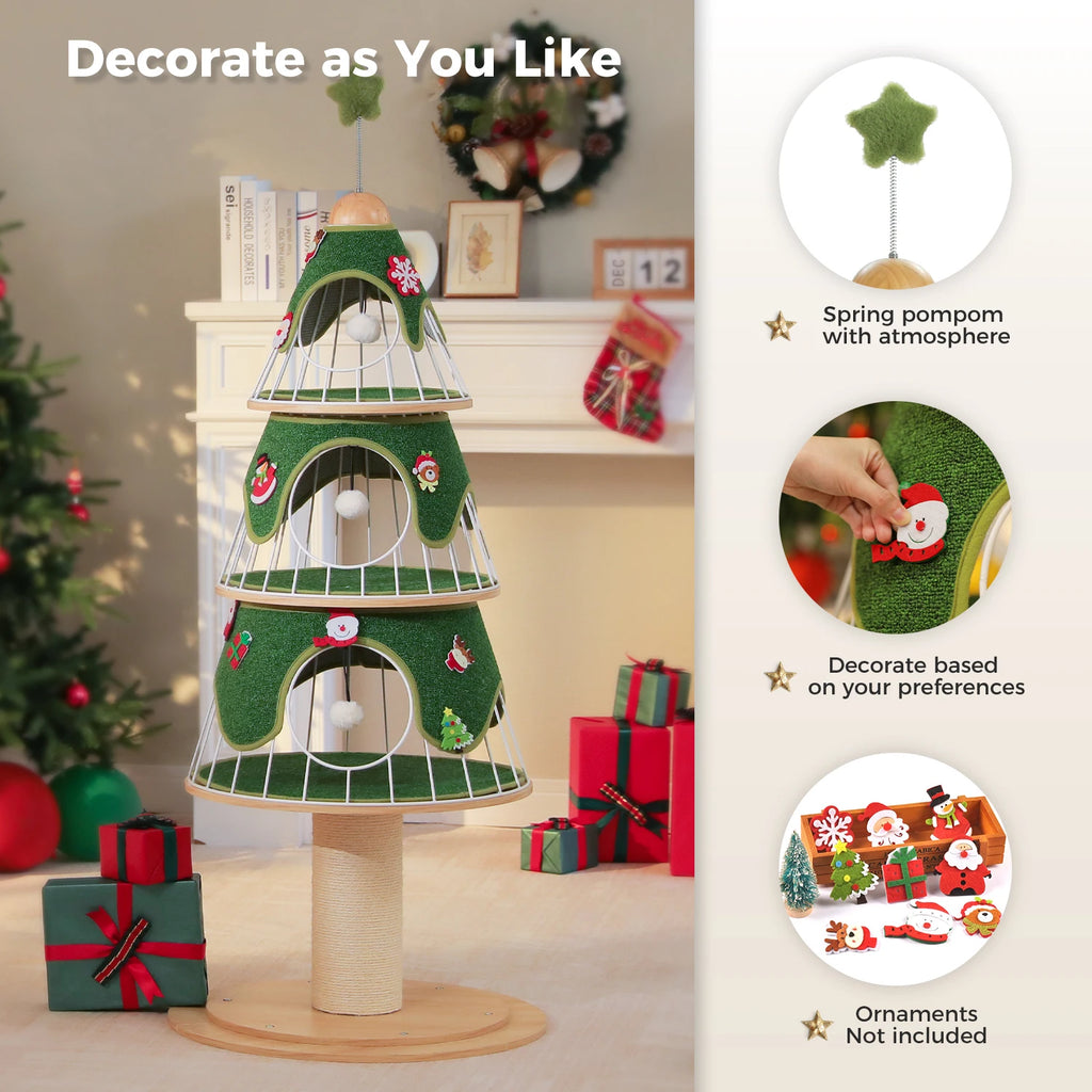 Cat Christmas Tree Modern Cat Tree with Thick Scratch Post Wood Cat Tower 3 Condos-Heavy Duty Cat Furniture Replaceable Mat