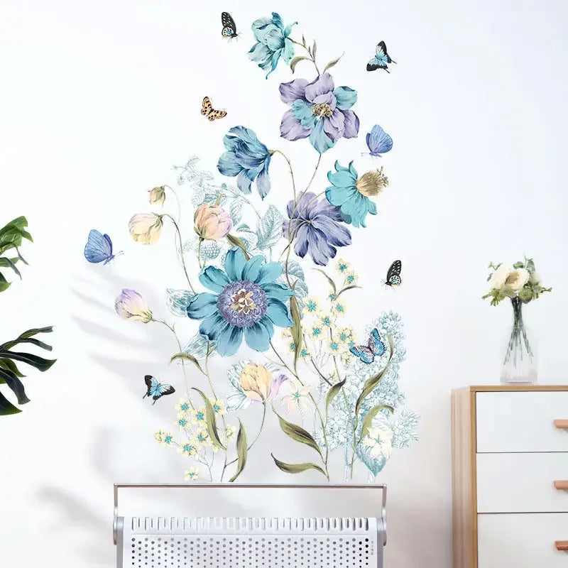 Water Color Blue Butterfly Flower Wall Sticker Living Room Sofa Background Home Decoration Mural Bedroom Wallpaper PVC Stickers