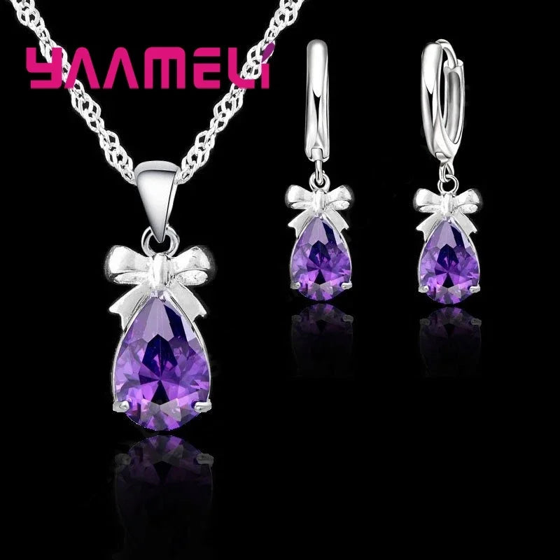 925 Sterling Silver Women Water Drop Austrian Crystal Pendants Necklace Earrings Jewelry Set For Wedding Engagement Gift