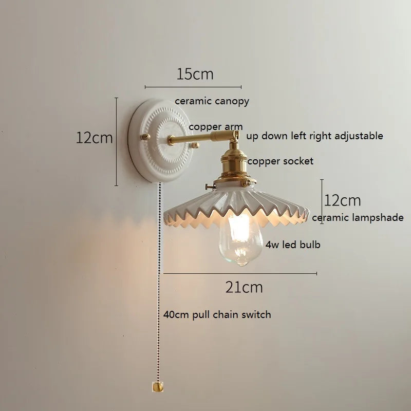 IWHD Nordic Modern Ceramic LED Wall Lamp Sconce Pull Chain Switch Beside Bedroom Bathroom Mirror Stair Light Applique Murale