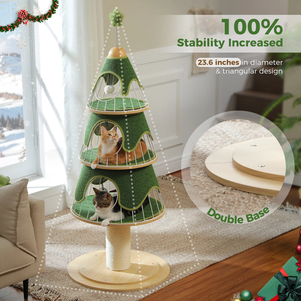 Cat Christmas Tree Modern Cat Tree with Thick Scratch Post Wood Cat Tower 3 Condos-Heavy Duty Cat Furniture Replaceable Mat