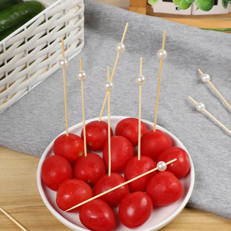 100 Pcs Disposable Pearl Bamboo Skewers Fruit Snacks Cocktail Appetizers Fork Skewers Bar Fiesta Wedding Birthday Supplies