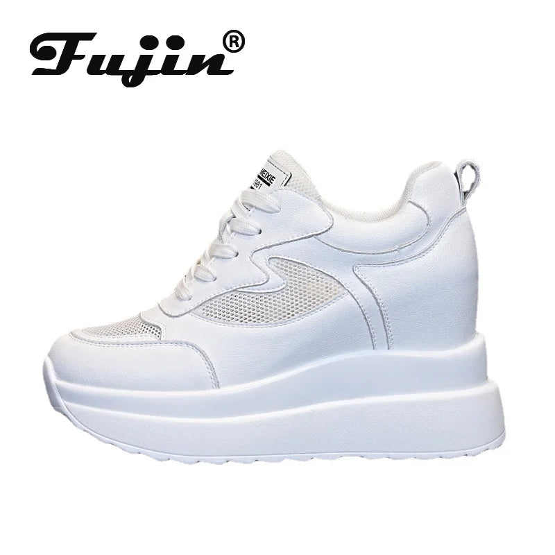 Fujin 2024 10CM Genuine Leather Sneakers Platform Shoes Wedge Hidden Heel Pumps Warm Fur Fashion Sneakers Women Winter Shoes