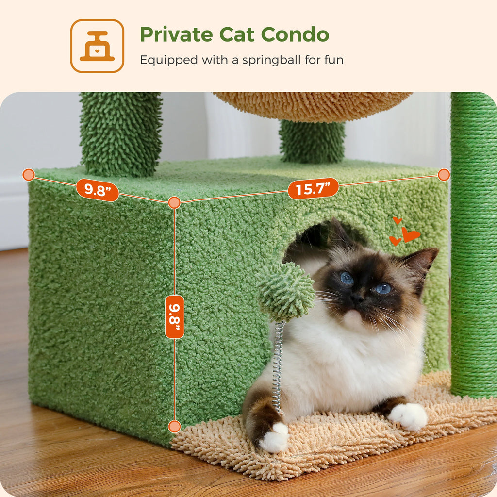 Cactus Cat Tree Cat Tower for Indoor Cats with Large Cat Condo Cat Scratching Post for Cats with Deep Hammock Cozy Top Perch