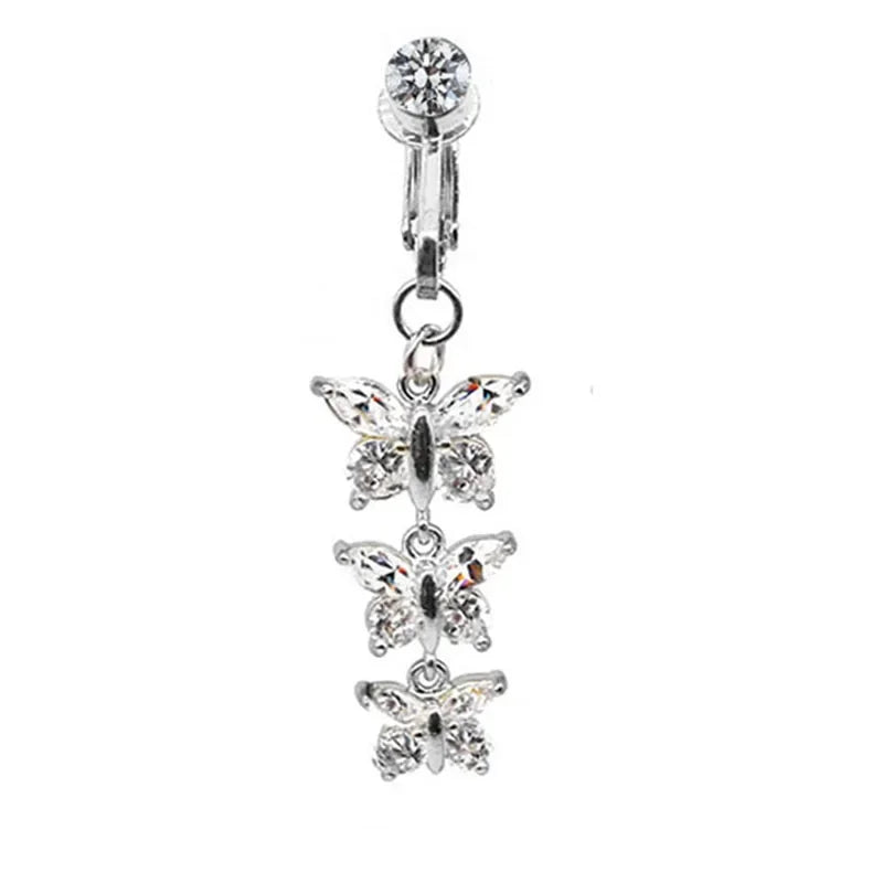 Faux Fake Belly Piercing Butterfly Leaves Dangling Long Fake Belly Button Pircing Clip on Umbilical Navel Cartilage Earring Clip