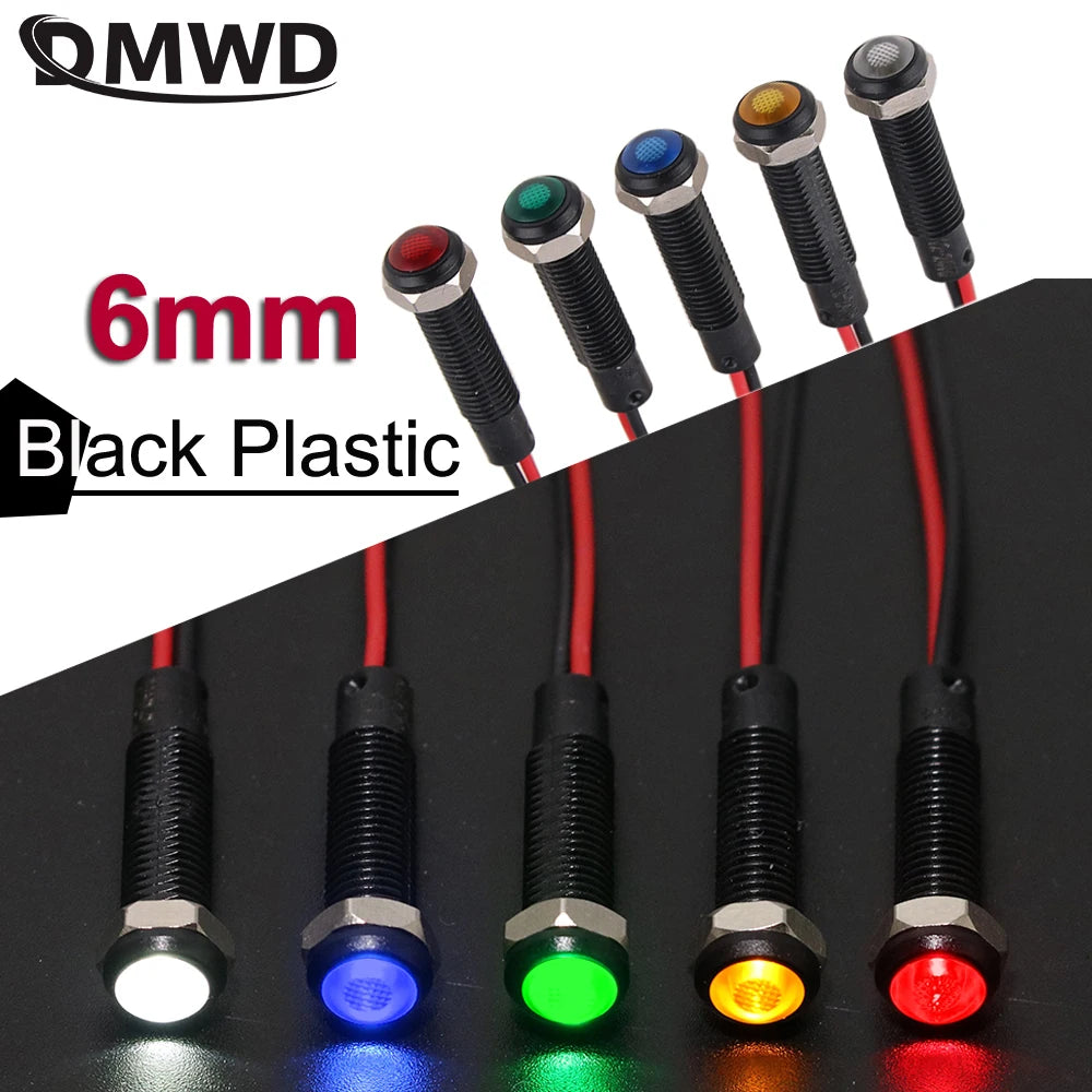 6mm LED Plastic Indicator Light Pilot Black Body Warning Signal Lamp 3V 6V 24V 110- 220V Red Yellow Blue Green White 1pc