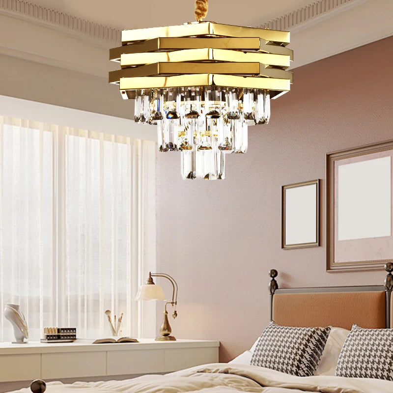 Gold round modern crystal ceiling chandelier K9 Crystal 3 level light ceiling pendant lamps for the living room foyer staircase