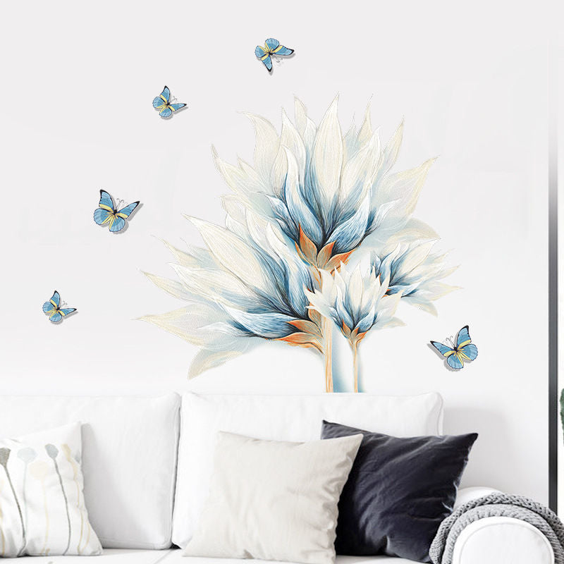 Water Color Blue Butterfly Flower Wall Sticker Living Room Sofa Background Home Decoration Mural Bedroom Wallpaper PVC Stickers