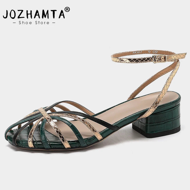 JOZHAMTA Size 33-43 Women Sandals Real Leather High Heels Summer Shoes For Womens Ankle Strap Chunky Retro Rome Woven Sandalias