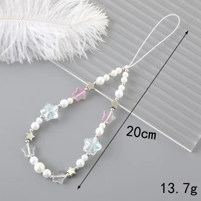 Sweet Five Pointed Star Non Slip Phone Case Rope Accessories Fashion Pearl Love Bow Beaded Phone Chain Lanyard Jewelry for Women