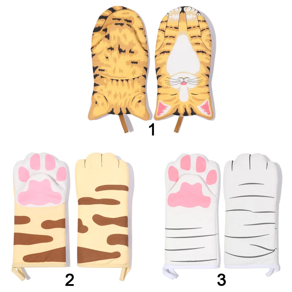 Cute Cartoon Cat Paws Pattern Oven Mitts Cotton Insulation Gloves Anti-Scalding Heat Resistant Baking Supply Microwave Tool