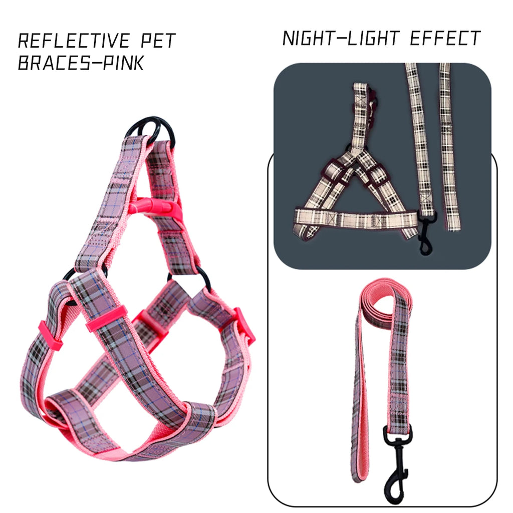 A set of plaid reflective chest and harness set for small and medium-sized dogs to go out for a walk and a lead rope for cats an