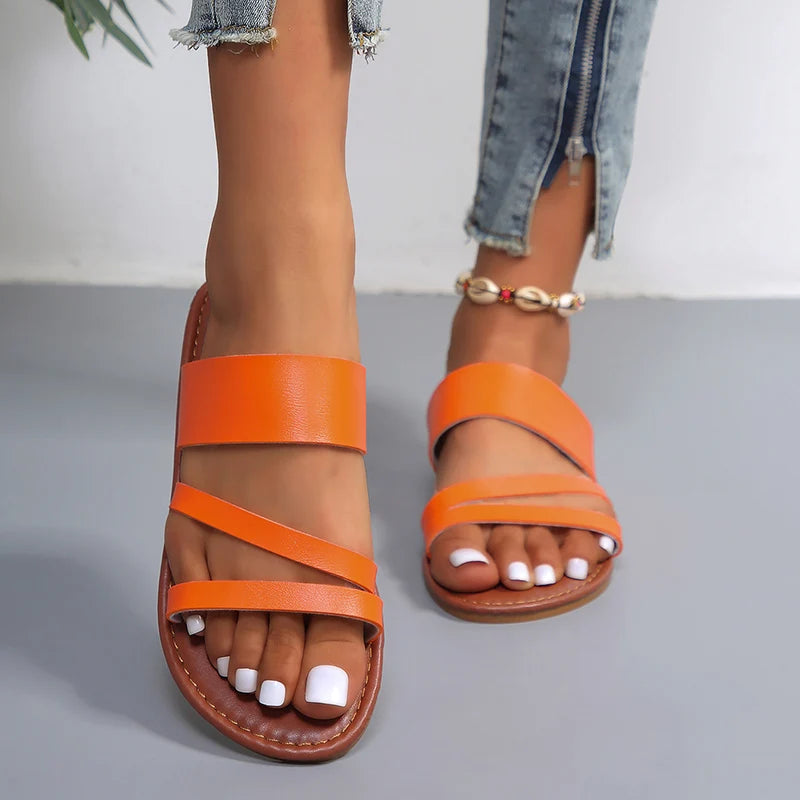 Rimocy 2023 Summer Flat Heel Sandals for Women Casual Plus Size Beach Slippers Woman Pu Leather Strap Slip-On Gladiator Sandals