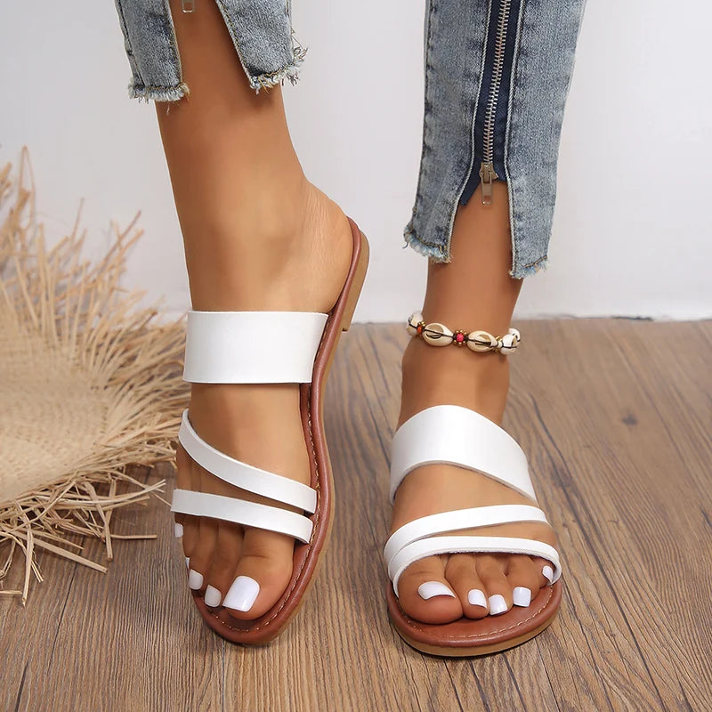 Rimocy 2023 Summer Flat Heel Sandals for Women Casual Plus Size Beach Slippers Woman Pu Leather Strap Slip-On Gladiator Sandals