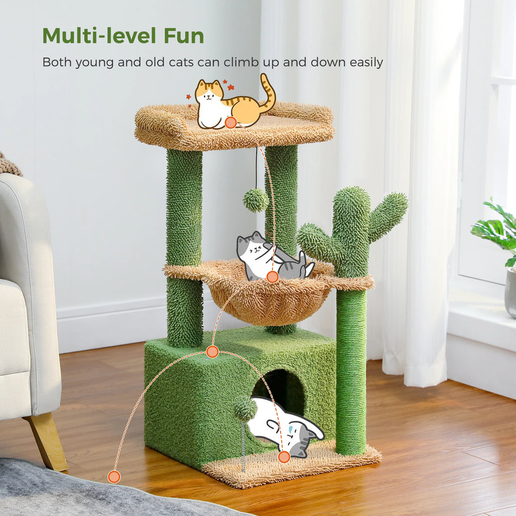 Cactus Cat Tree Cat Tower for Indoor Cats with Large Cat Condo Cat Scratching Post for Cats with Deep Hammock Cozy Top Perch