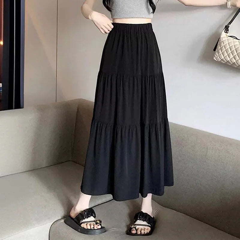 Korean Style Fashion Pleated Skirt Casual Sweet Women's Skirt High Waist White Black A-line Summer Skirt Girl Elegant Dress