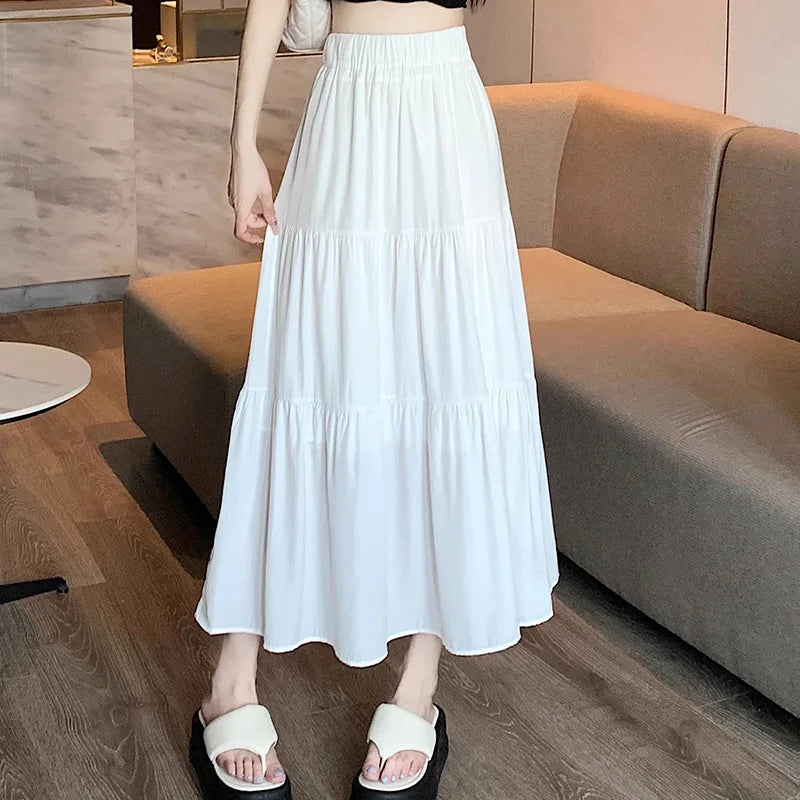 Korean Style Fashion Pleated Skirt Casual Sweet Women's Skirt High Waist White Black A-line Summer Skirt Girl Elegant Dress