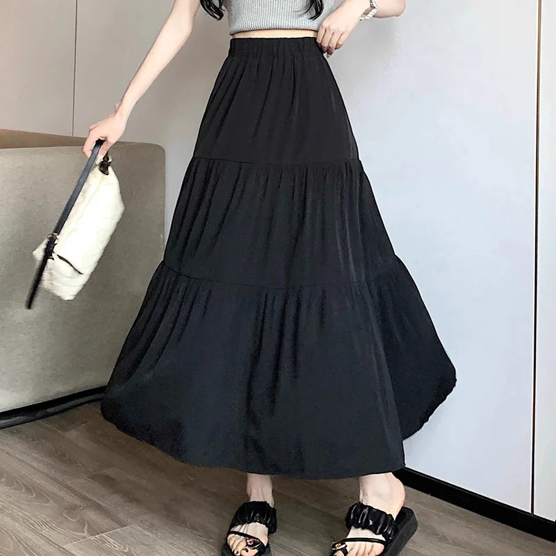 Korean Style Fashion Pleated Skirt Casual Sweet Women's Skirt High Waist White Black A-line Summer Skirt Girl Elegant Dress