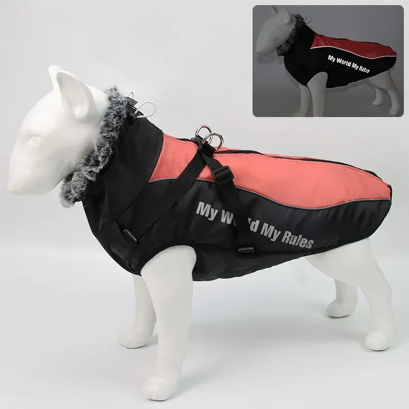 Waterproof Large Dog Clothes Winter Dog Coat With Harness Furry Collar Warm Pet Clothing Big Dog Jacket Labrador Bulldog Costume