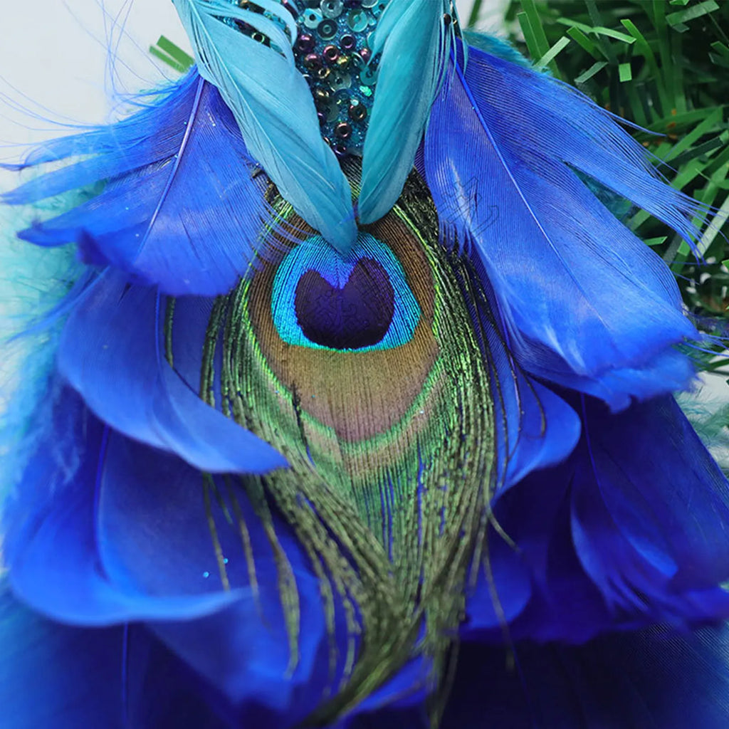 Christmas Decorations Faux Glitter Blue Peacock Ornaments With Tail Feather For Christmas Tree Decorations Garden Decor Yard