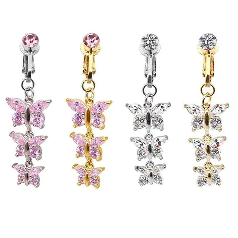 Faux Fake Belly Piercing Butterfly Leaves Dangling Long Fake Belly Button Pircing Clip on Umbilical Navel Cartilage Earring Clip