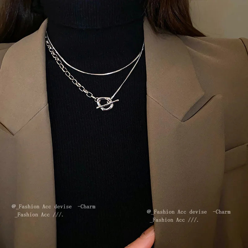 Irregular Double-layer OT Buckle Necklace Korean Fashion Cool Style Sweater Chain Wholesale of Accessories