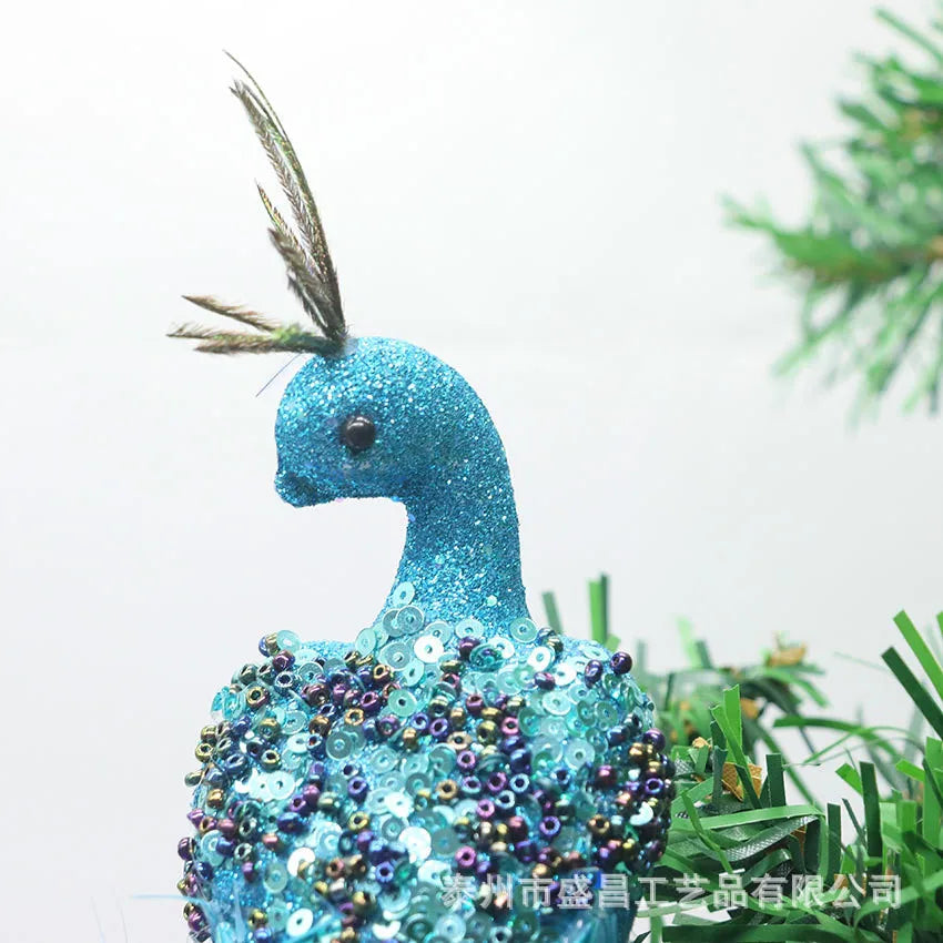 Christmas Decorations Faux Glitter Blue Peacock Ornaments With Tail Feather For Christmas Tree Decorations Garden Decor Yard