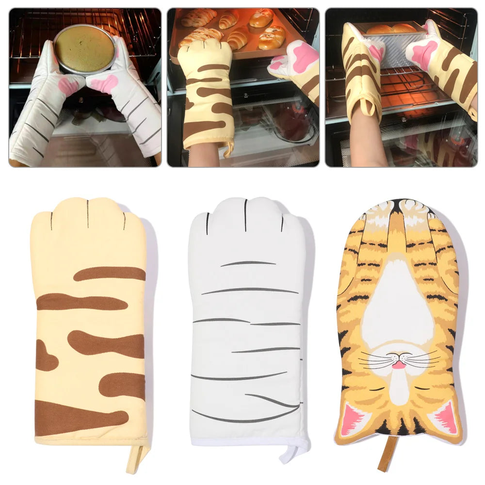 Cute Cartoon Cat Paws Pattern Oven Mitts Cotton Insulation Gloves Anti-Scalding Heat Resistant Baking Supply Microwave Tool