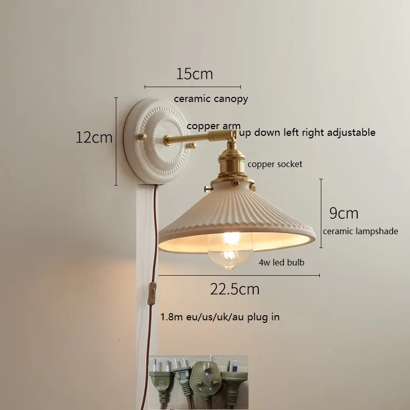 IWHD Nordic Modern Ceramic LED Wall Lamp Sconce Pull Chain Switch Beside Bedroom Bathroom Mirror Stair Light Applique Murale