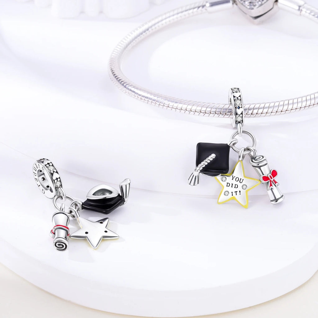 Silver Plated Charms Graduation Campus Mortarboard Beads Fit Original Pandora Bracelet Diy Pendants Jewelry Gift