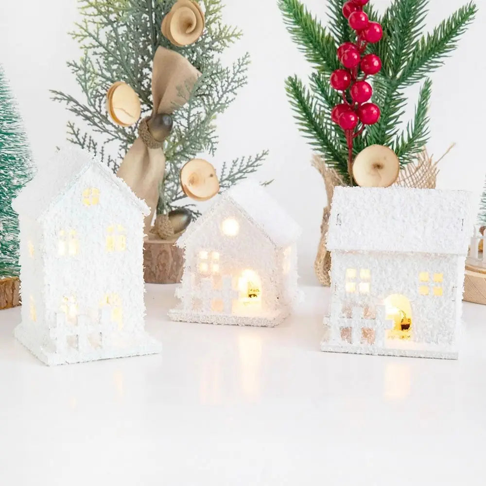 Mini Christmas LED Light Wooden House Kids Gift with Snowflake White Glowing Castle Luminous Christmas Tree