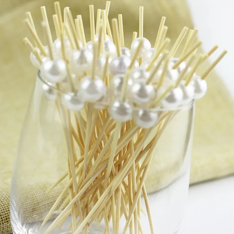 100 Pcs Disposable Pearl Bamboo Skewers Fruit Snacks Cocktail Appetizers Fork Skewers Bar Fiesta Wedding Birthday Supplies