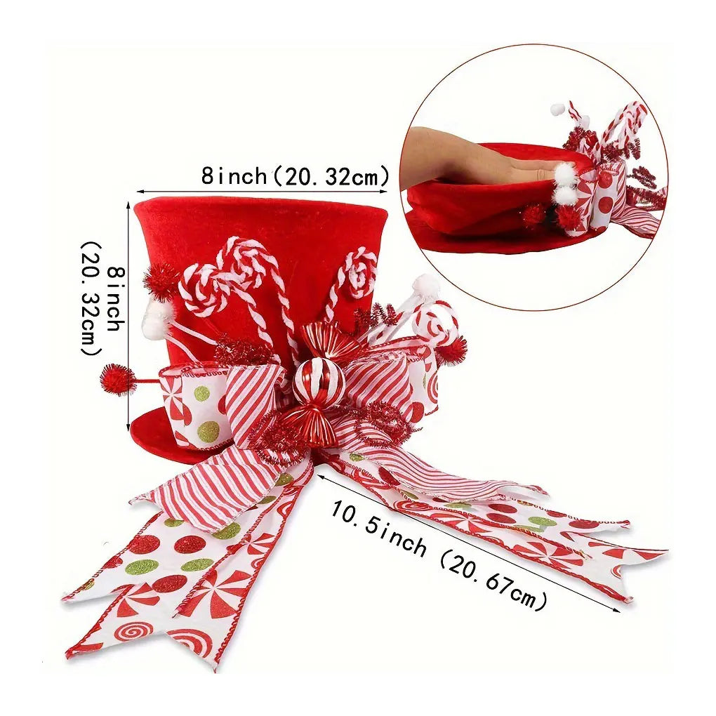 New Christmas Top Hat Tree Top Festive Christmas Tree Topper Hat Foldable Design With Bow Candy Cane Xmas Decoration