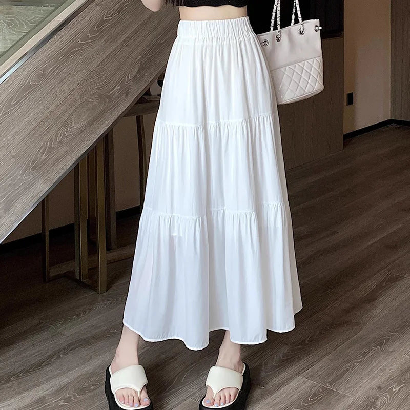 Korean Style Fashion Pleated Skirt Casual Sweet Women's Skirt High Waist White Black A-line Summer Skirt Girl Elegant Dress